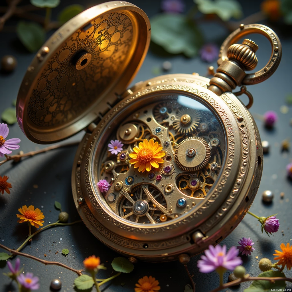 An ornate pocket watch with intricate gears and flowers around it.
