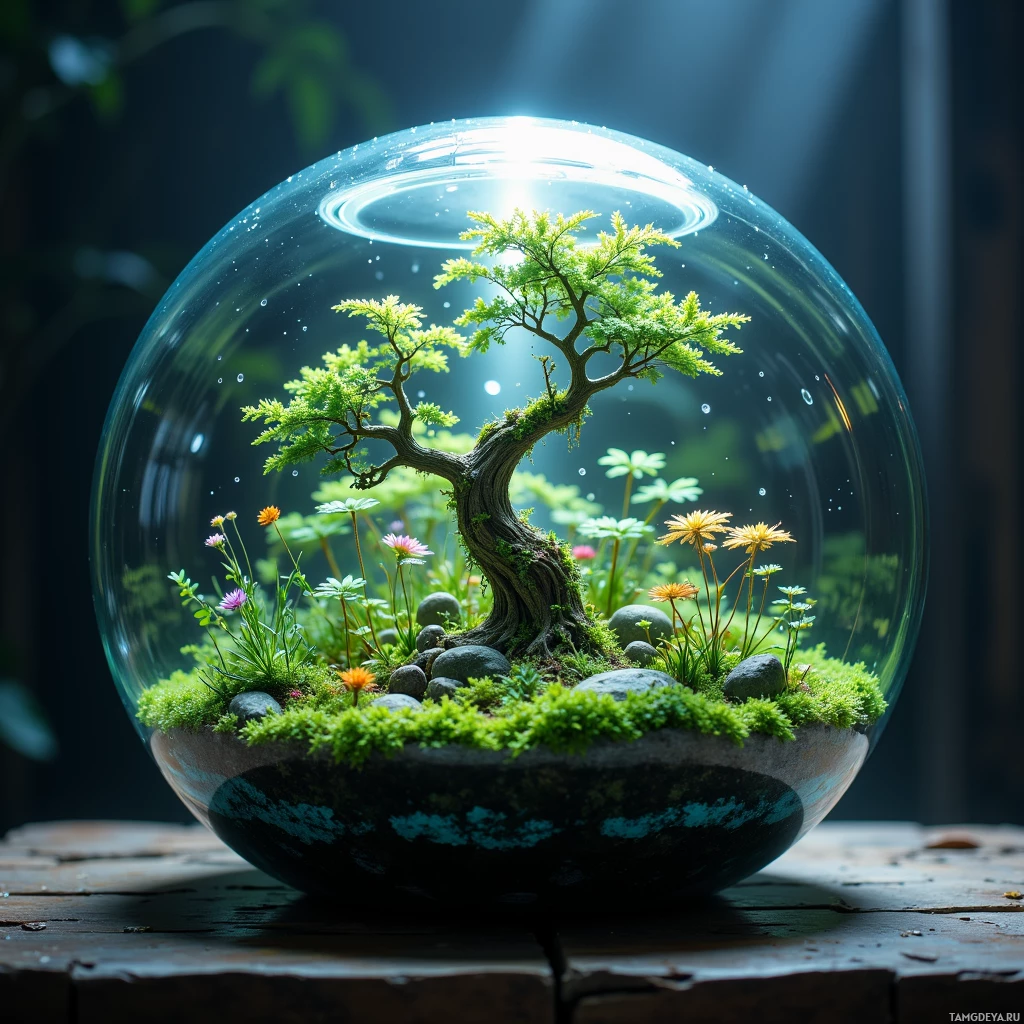 A terrarium with a bonsai tree, flowers, and moss inside a glass sphere.