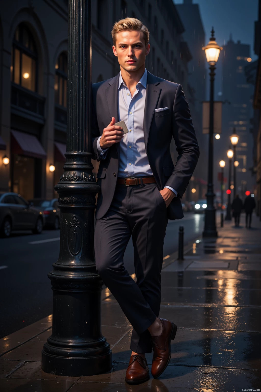 A man in a suit stands on a wet city street at dusk, leaning against a lamppost.