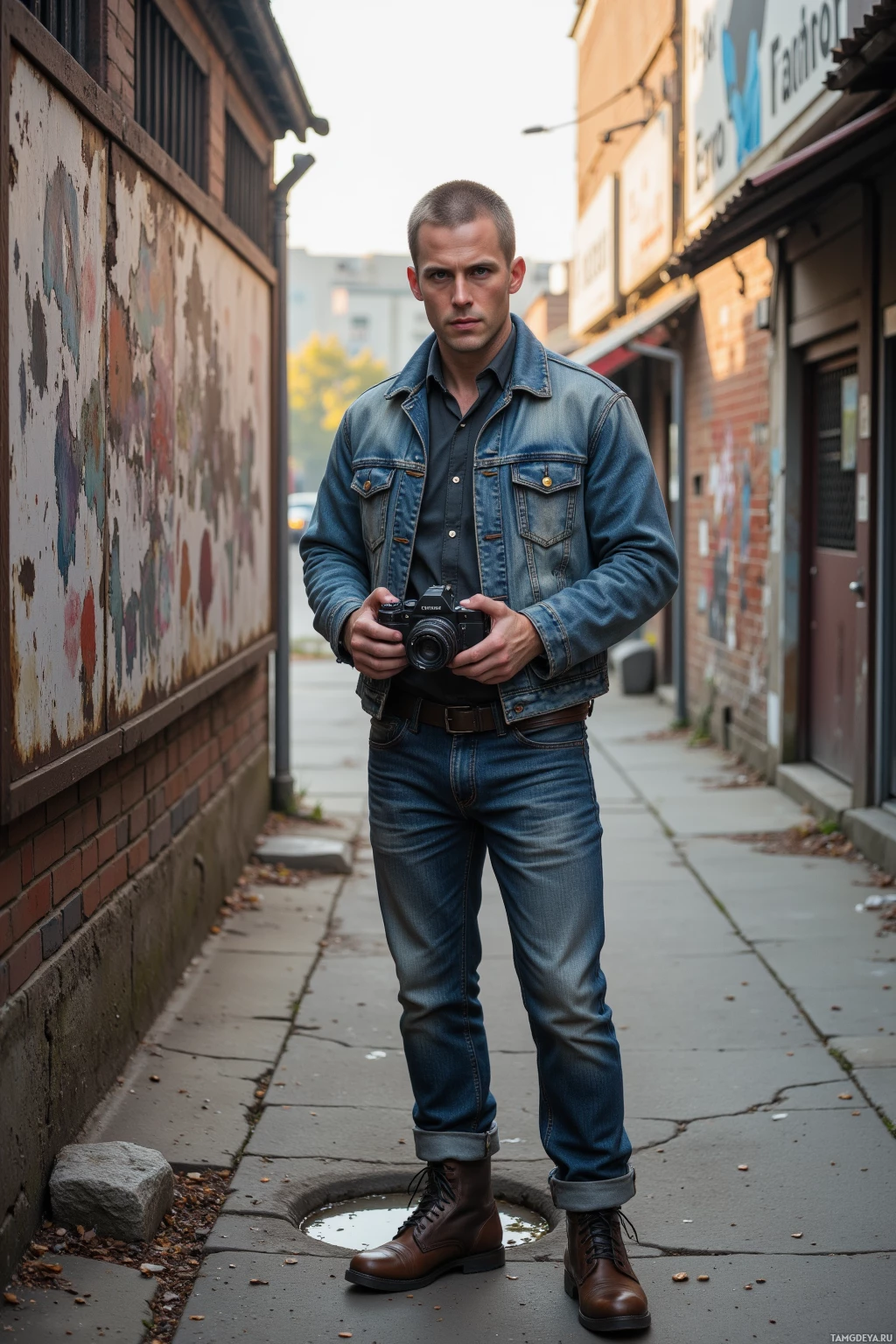 A man stands in an alleyway, holding a camera, dressed in a denim jacket and jeans.