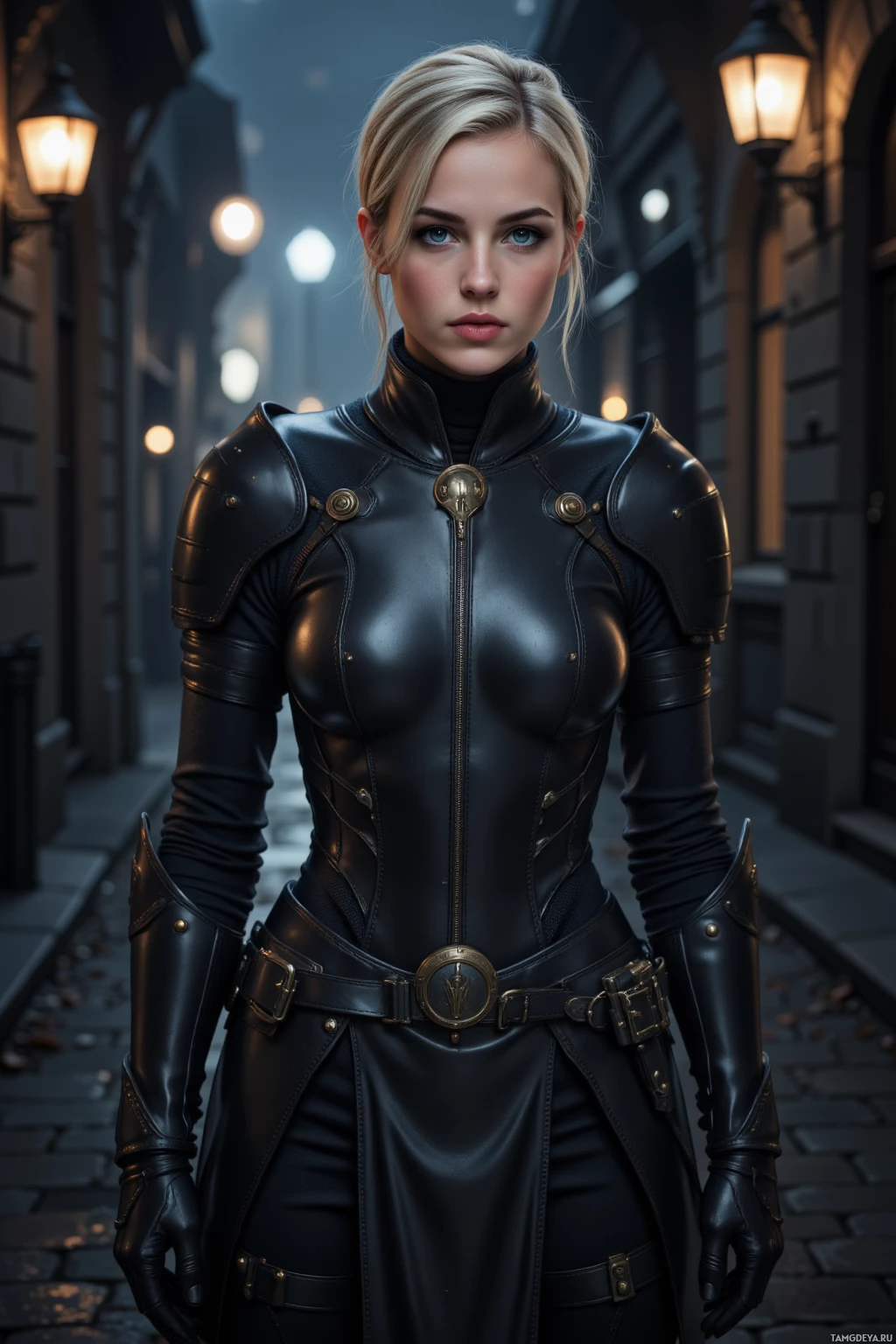 A woman in a black leather outfit stands in a dimly lit alleyway.