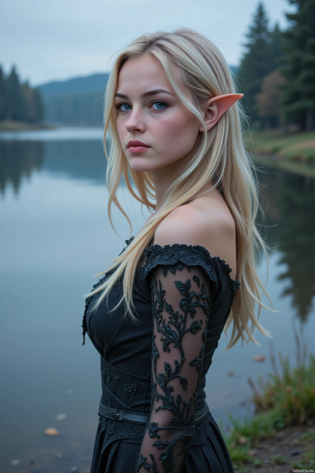 A woman with long blonde hair and pointed ears stands by a lake, wearing an intricate black dress with floral patterns.