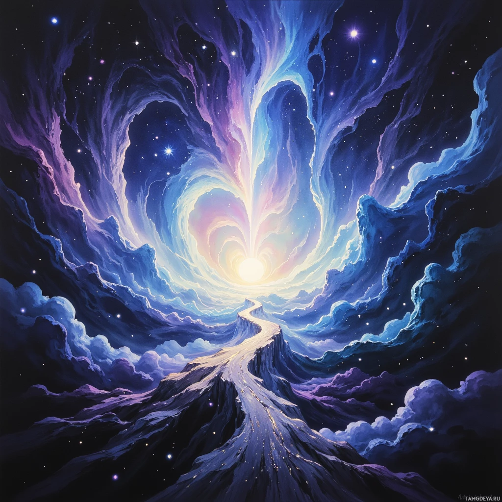 A vibrant cosmic scene with a glowing path leading towards a radiant light at the center, surrounded by swirling nebulae and stars.