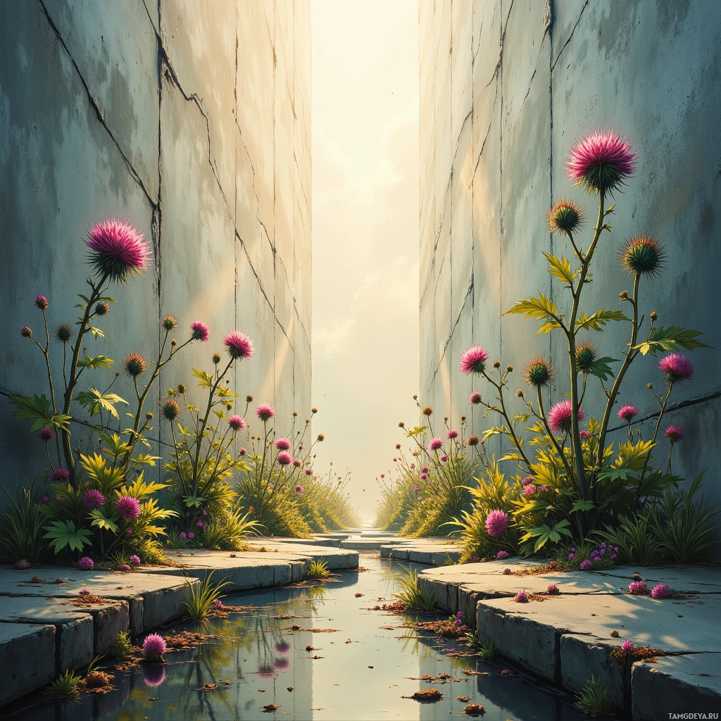 A serene pathway lined with vibrant flowers and tall greenery leads towards a bright, sunlit horizon.