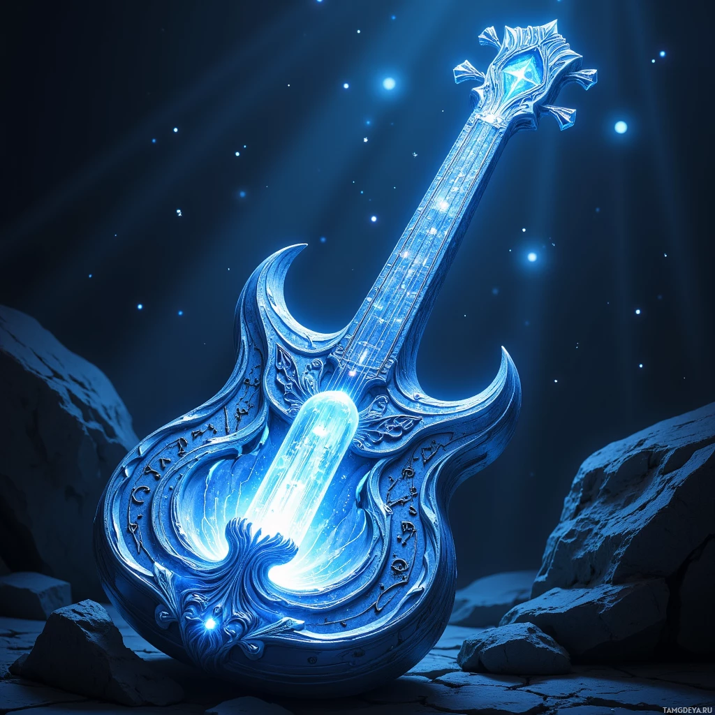 A glowing blue, ornate guitar with intricate designs sits on a rocky surface under a starry sky.