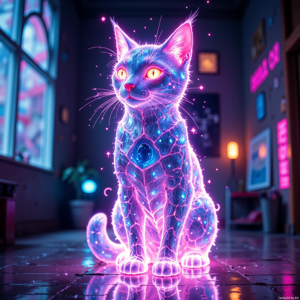 A glowing, neon-lit cat sits in a dimly lit room with a reflective floor.
