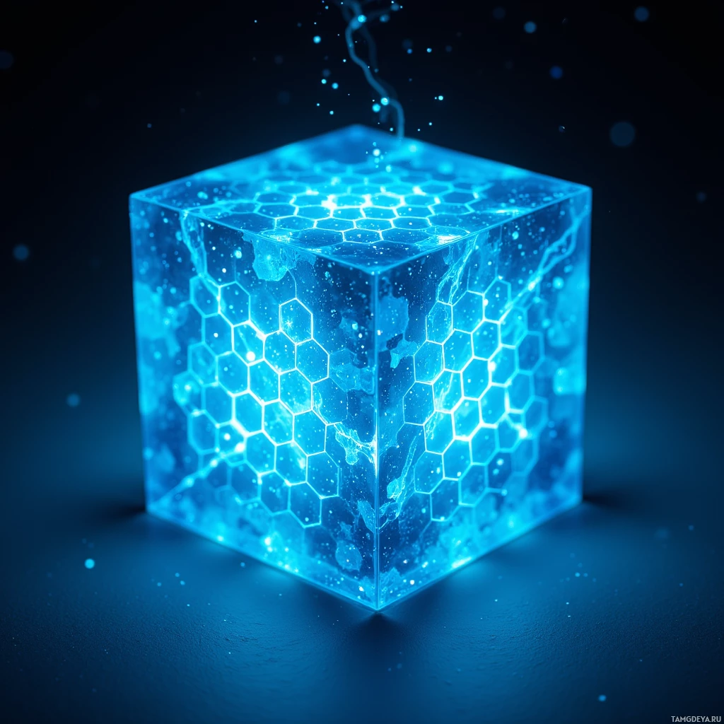 A glowing blue cube with hexagonal patterns and particles floating around it.