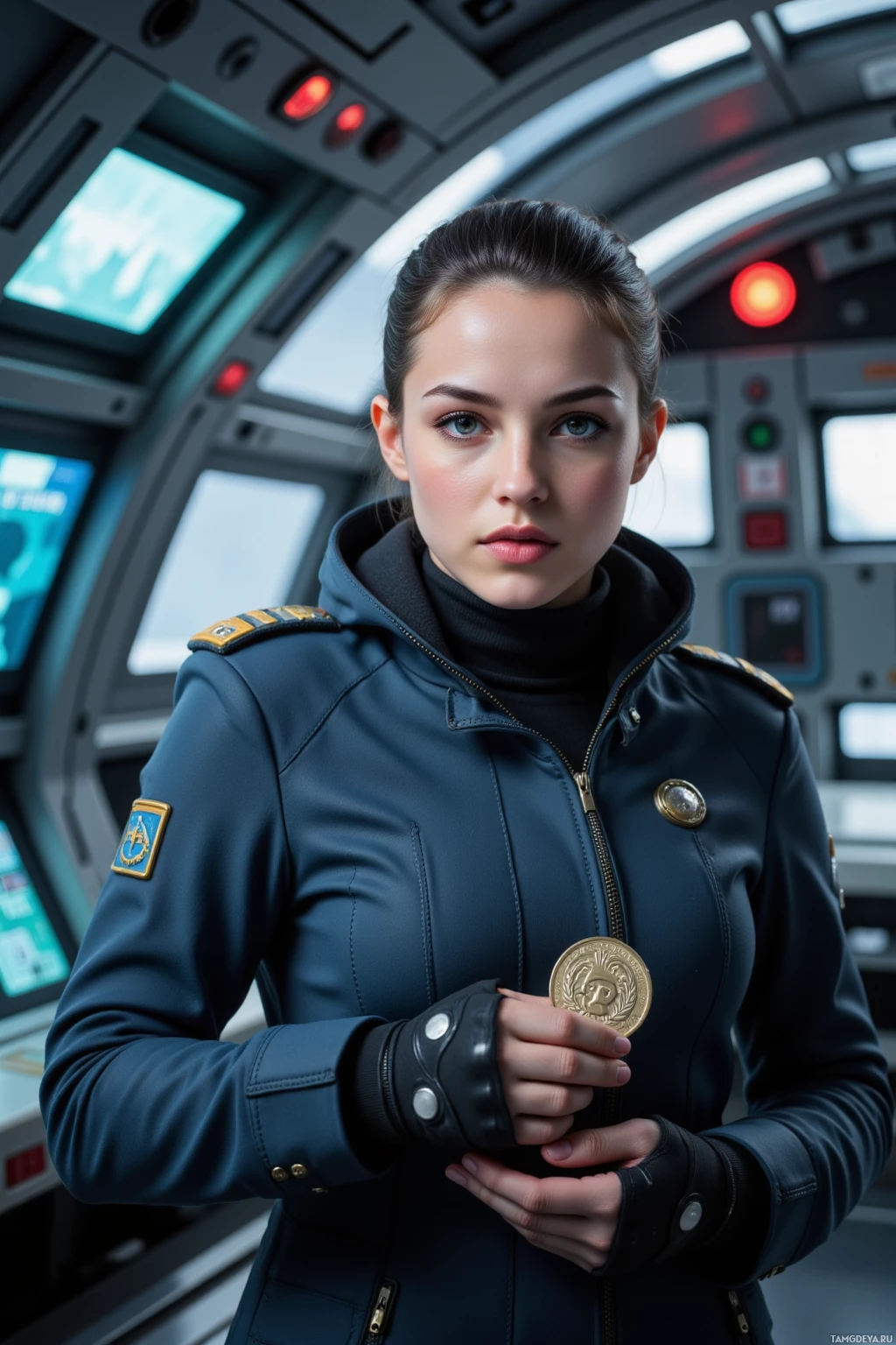 A person in a futuristic uniform stands in a high-tech environment.