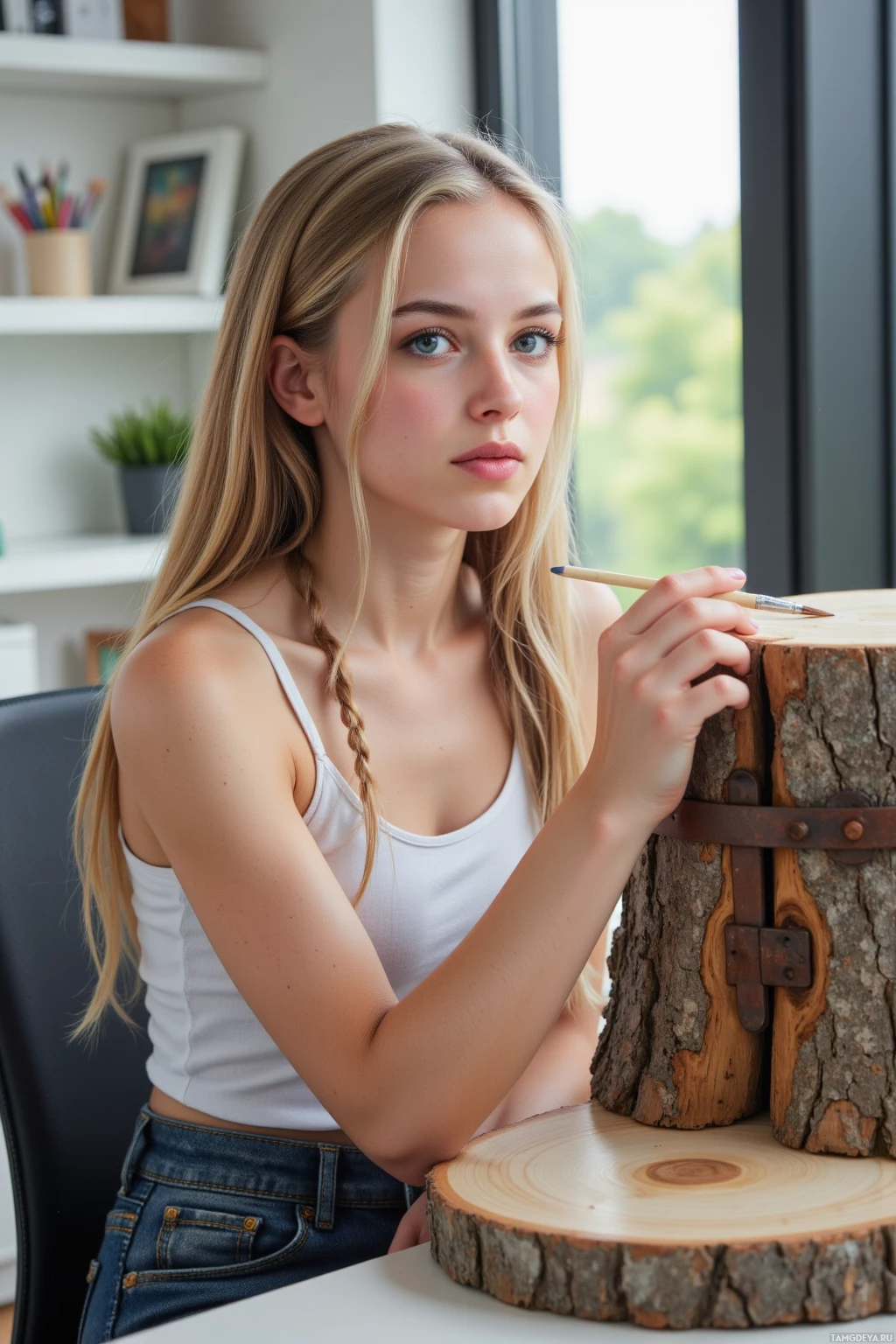 A young woman with long blonde hair sits at a desk, holding a pencil near a wooden stump.