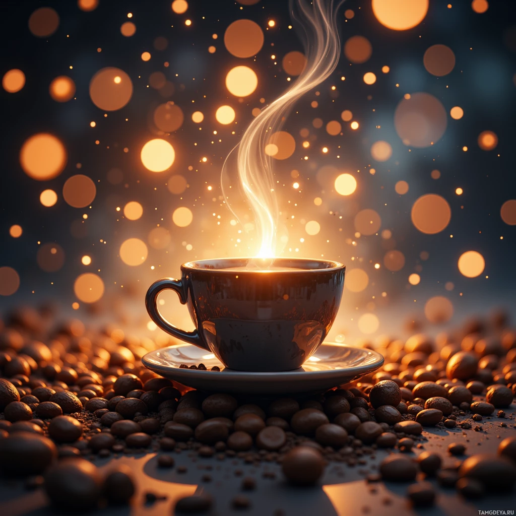 A steaming cup of coffee surrounded by scattered coffee beans and glowing bokeh lights.
