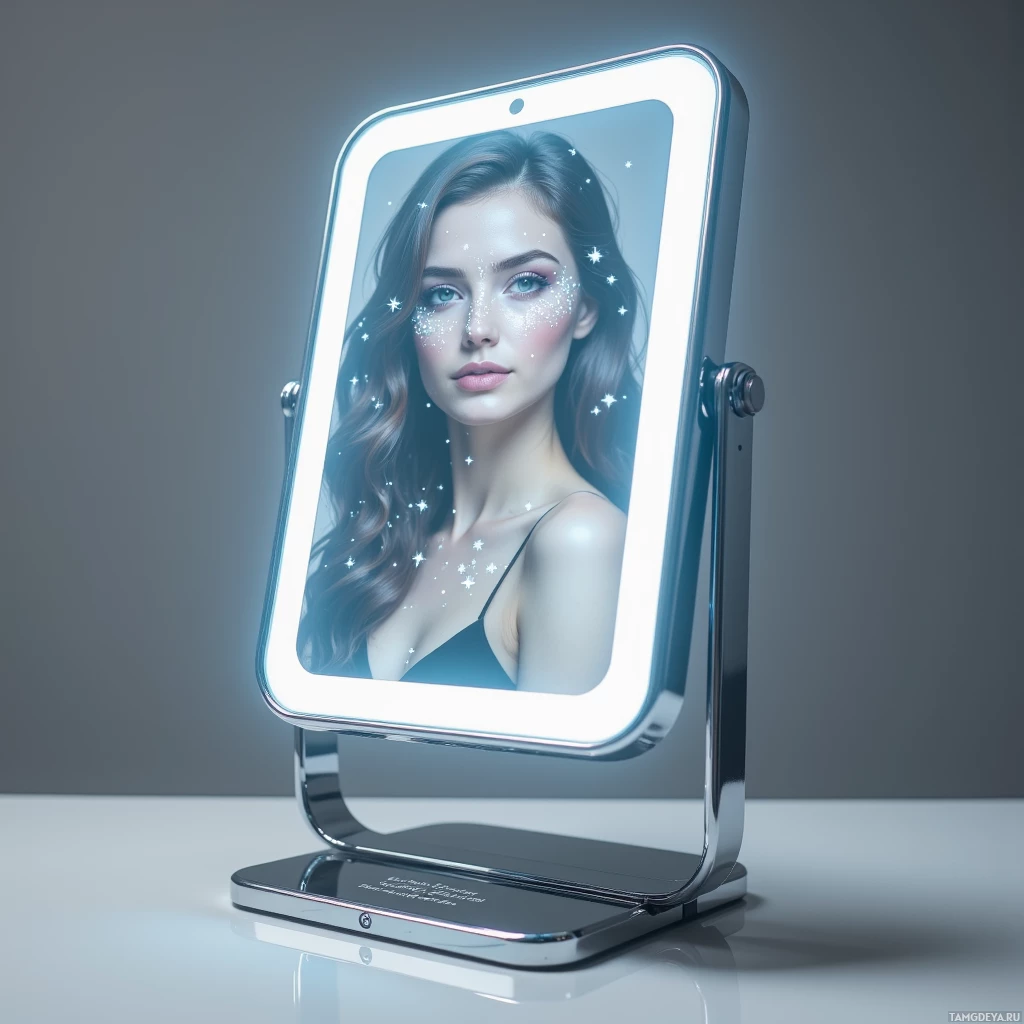 A modern, illuminated vanity mirror with a reflective surface and decorative starlight effect.
