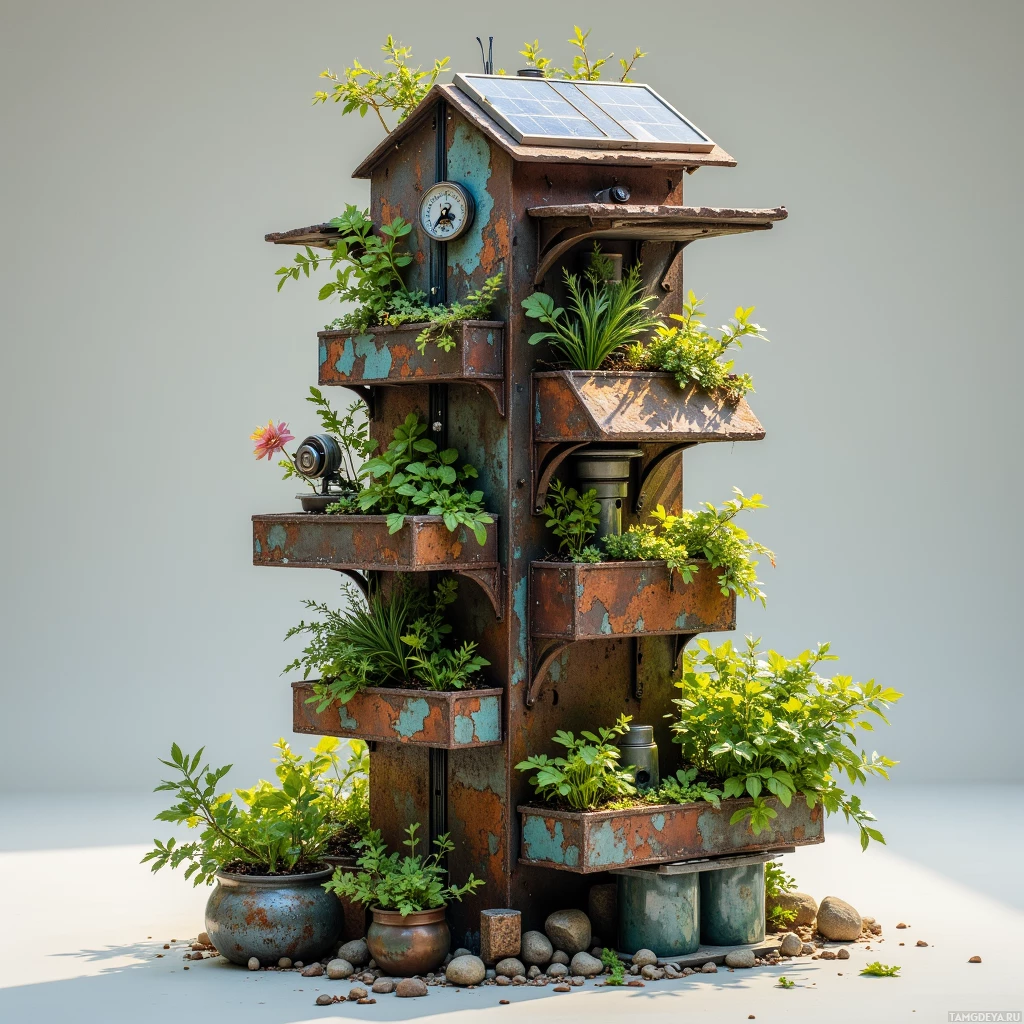 A vertical garden with plants and a solar panel on top.