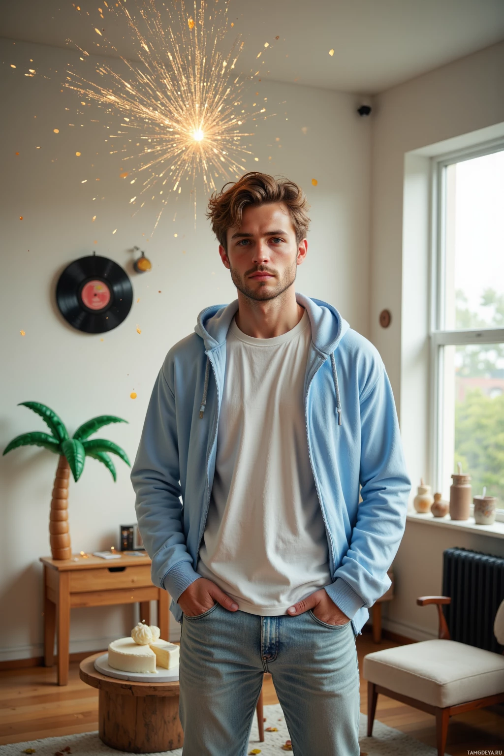 A man stands in a cozy room with a cake on a table, wearing a light blue hoodie and jeans.