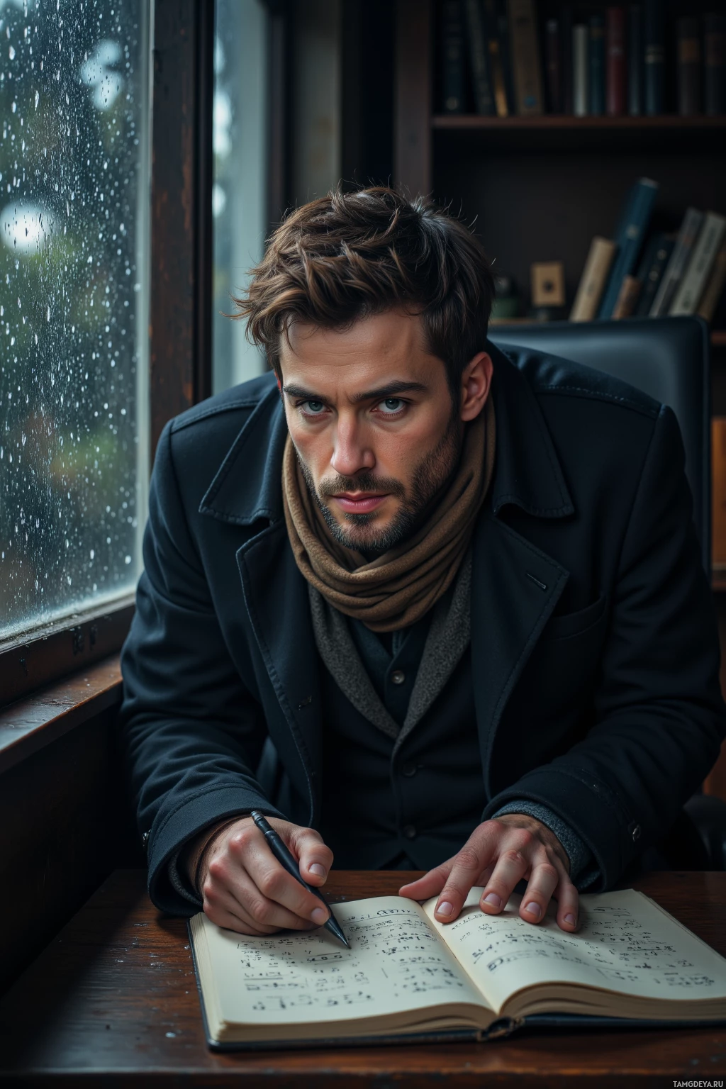 A man in a dark coat and scarf sits at a desk, writing in a notebook with a pen.