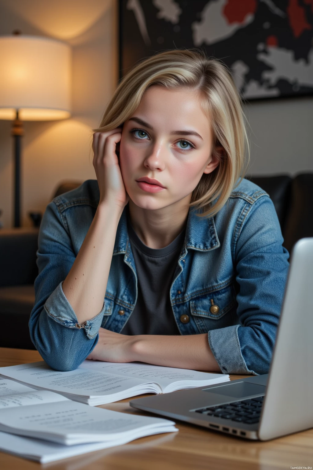 A person in a denim jacket sits at a desk with a laptop and papers, appearing thoughtful.