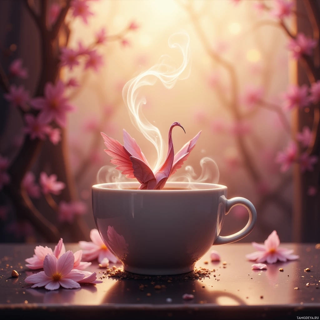 A steaming cup of tea with delicate pink flower petals and blossoms in the background.