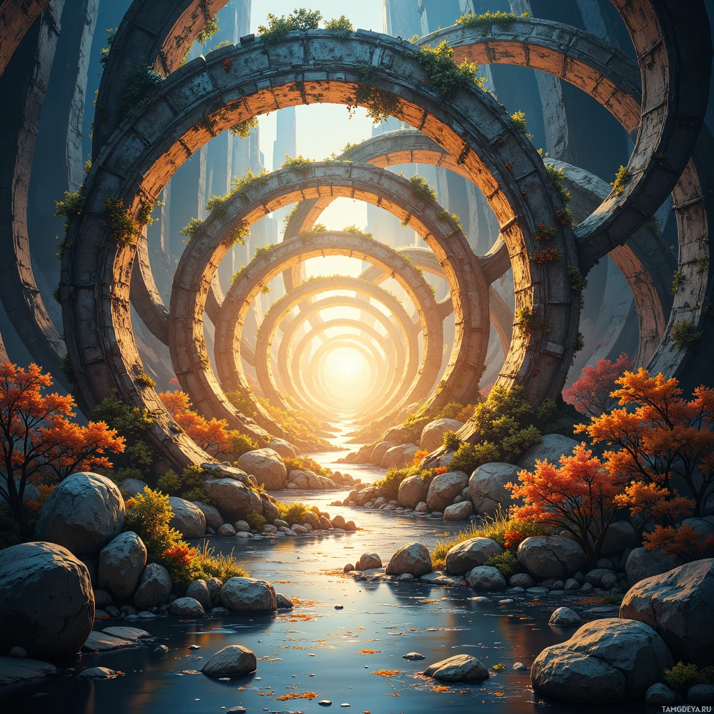 A serene landscape featuring a river flowing through a series of ancient, circular stone arches with vibrant autumn foliage.