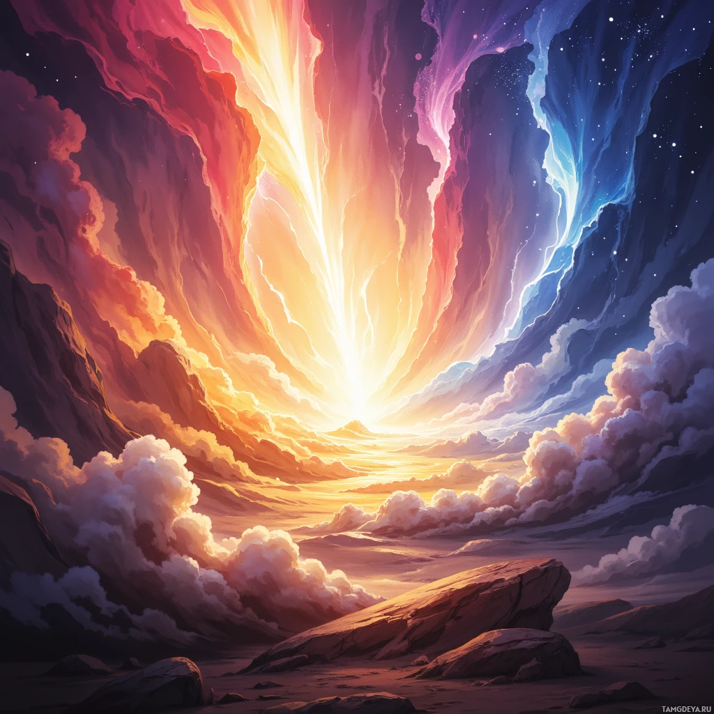 A vibrant, ethereal landscape featuring a radiant light source at the center, surrounded by swirling clouds in shades of orange, pink, and blue, transitioning into a starry night sky.