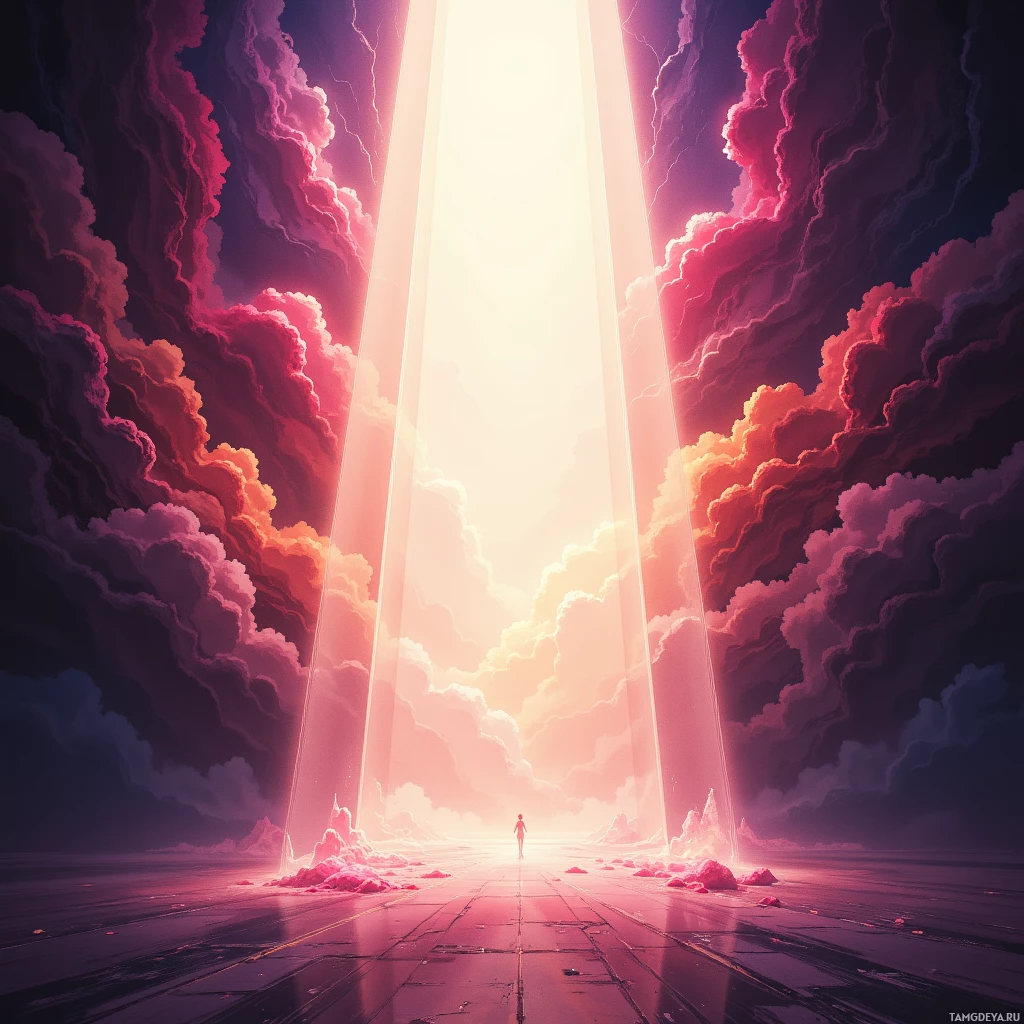 A person stands at the entrance of a glowing portal amidst dramatic, colorful clouds.