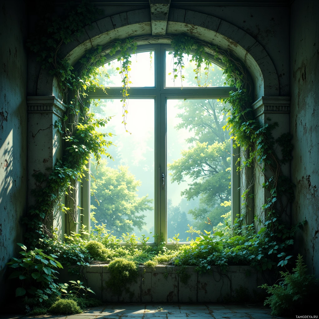 A serene arched window framed by ivy, leading to a bright, sunlit outdoor scene.