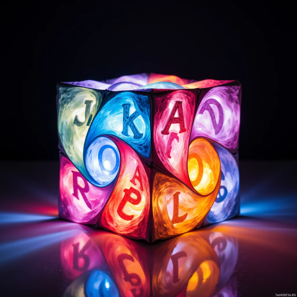 A glowing, multi-colored cube with letters on its faces.