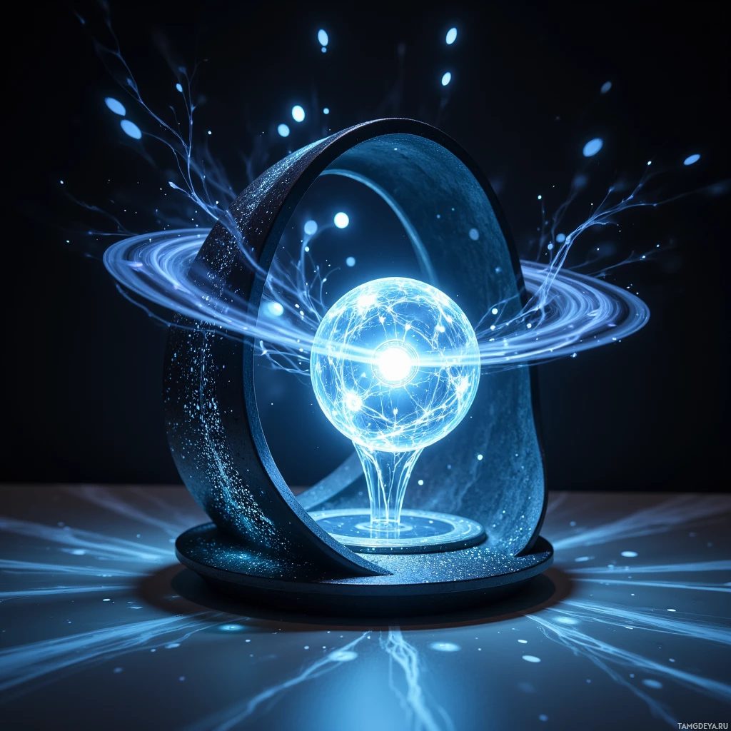 A glowing blue orb with intricate patterns and energy rings is suspended within a dark, circular frame against a starry background.