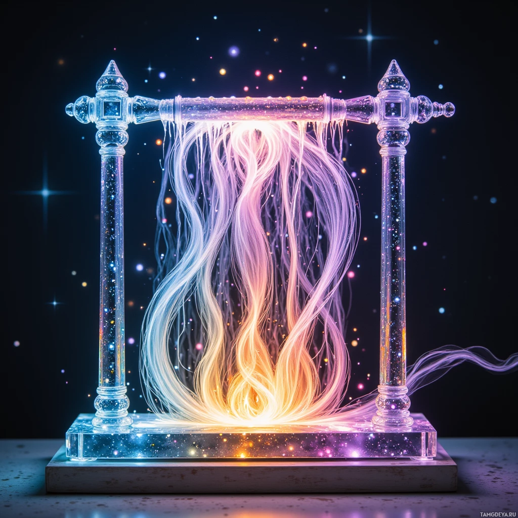 Светящаяся, неземная конструкция из струящихся разноцветных нитей и мерцающих частиц на тёмном фоне.
