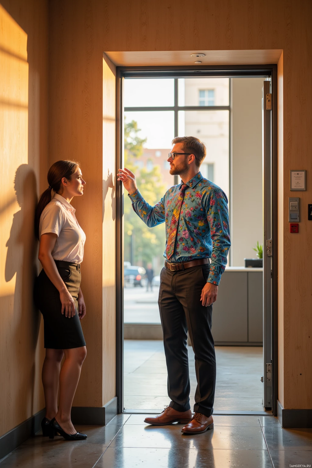 A man and a woman stand in a hallway, looking out a window.