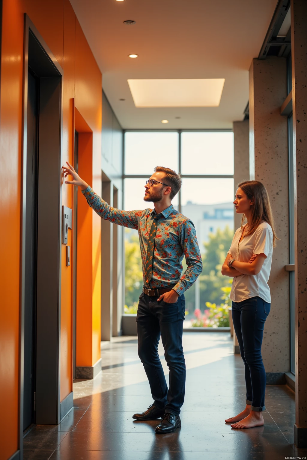 A man and a woman stand in a modern hallway, with the man pressing a button on an elevator panel.