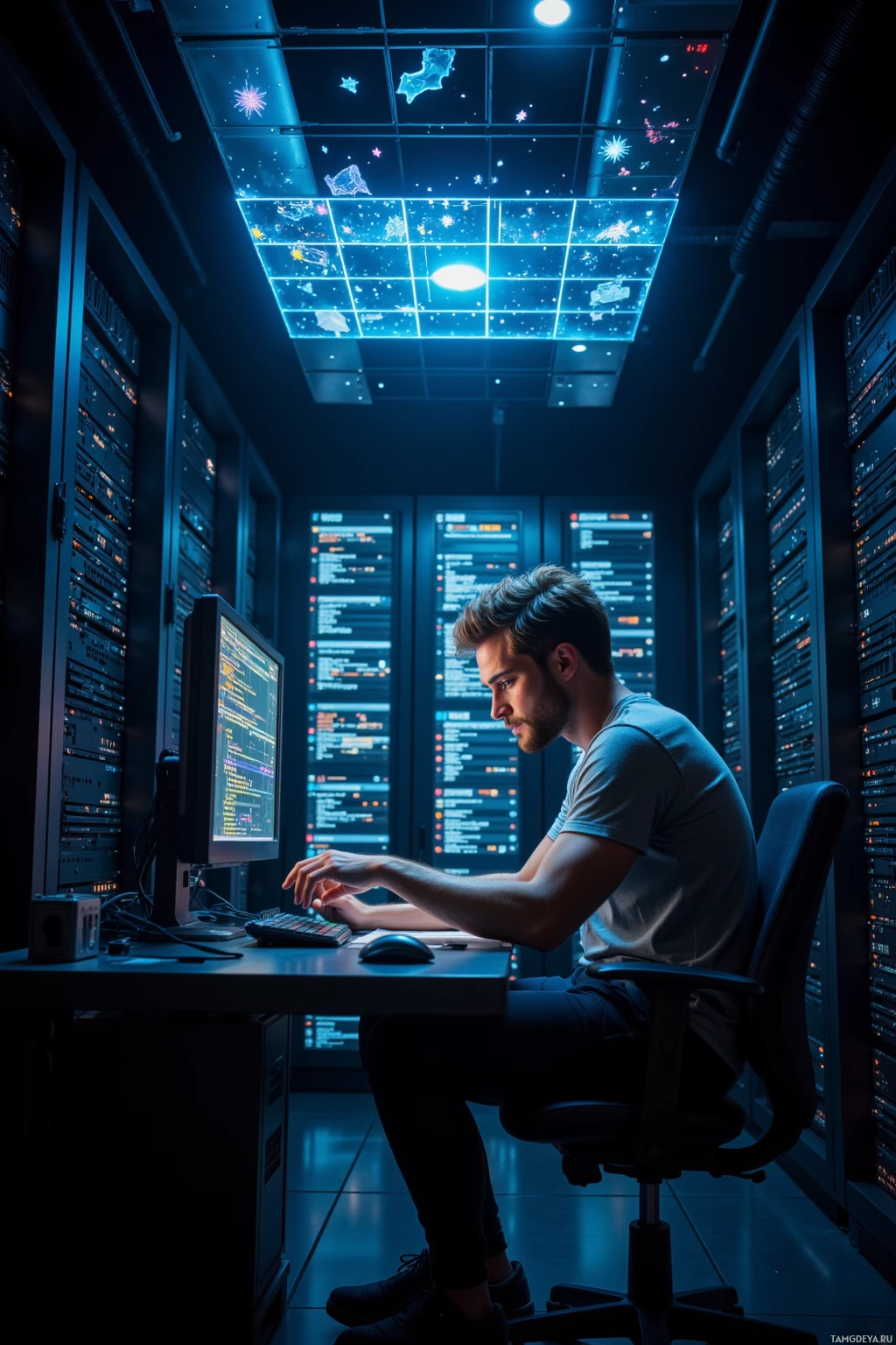 A person is working at a computer in a dimly lit server room with glowing screens and equipment.