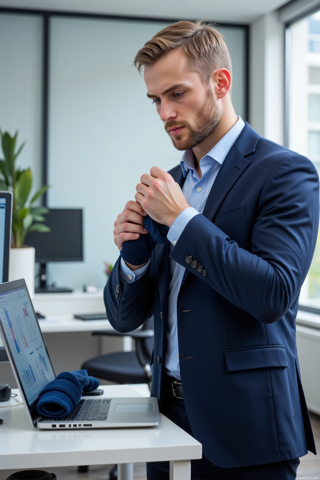 A man in a suit is adjusting his sleeve while standing in an office.