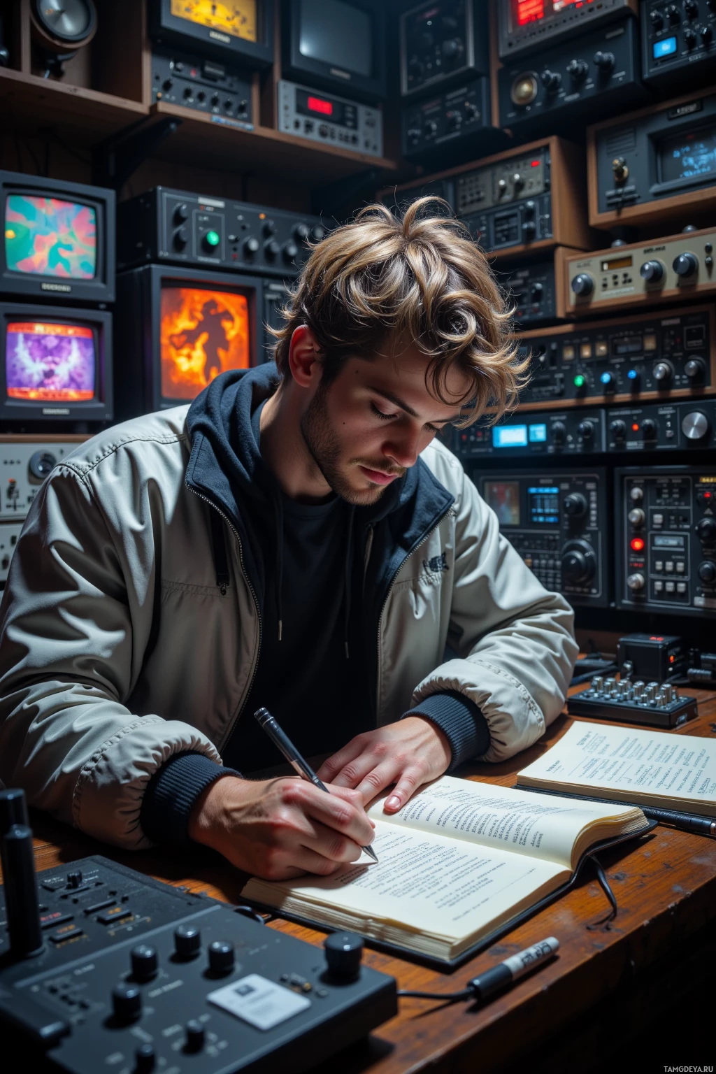 A person is writing in a notebook at a desk surrounded by electronic equipment and monitors.
