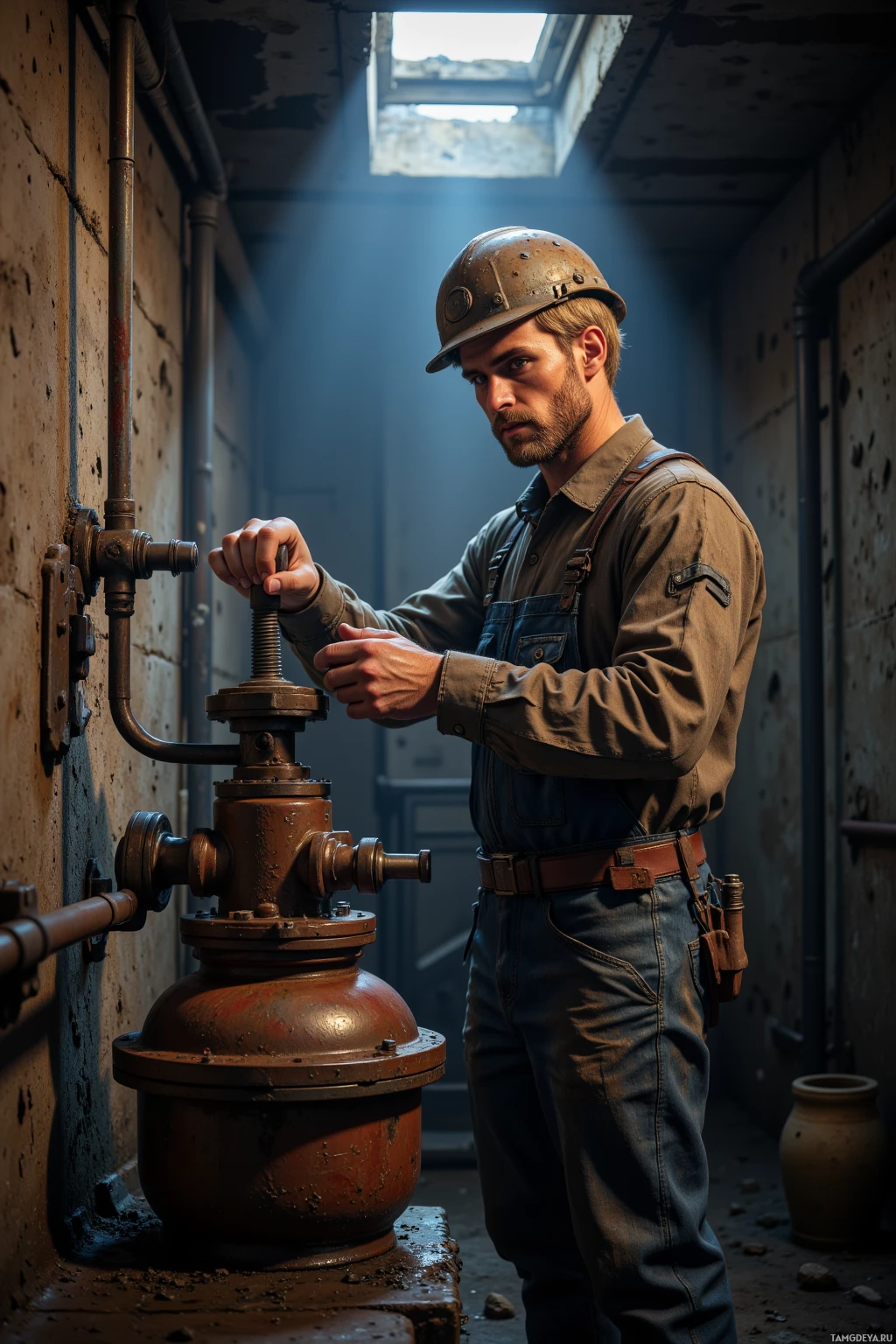 A man in a hard hat and work uniform operates a valve in a dimly lit industrial setting.