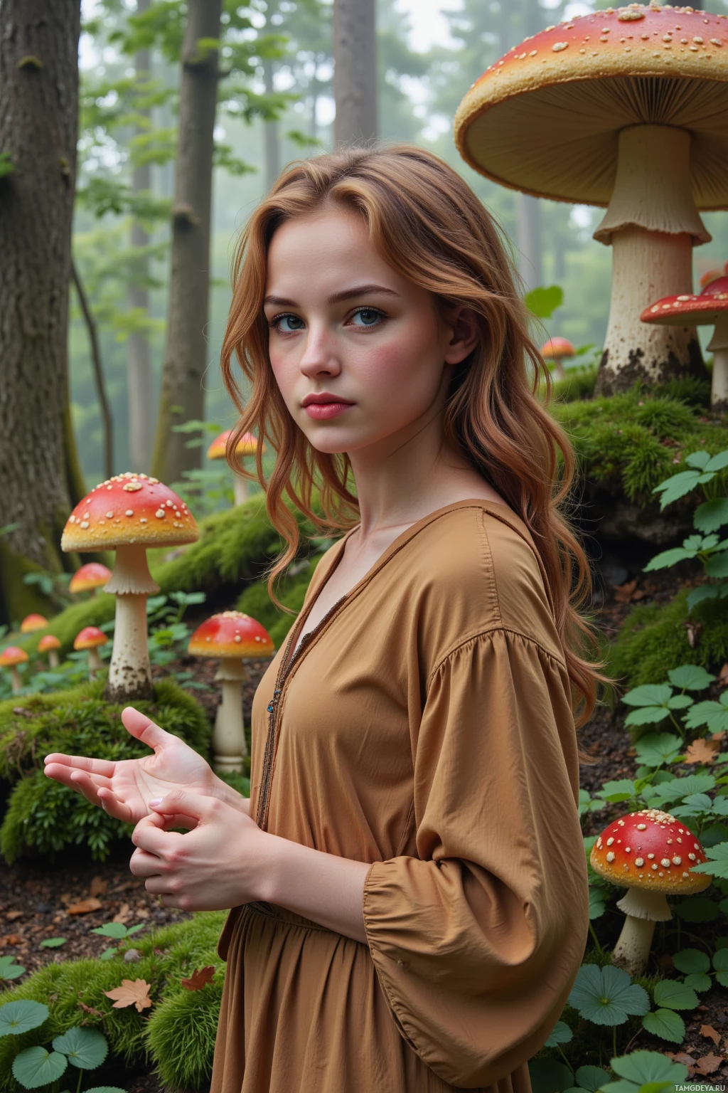 A woman in a brown dress stands in a forest with oversized mushrooms.