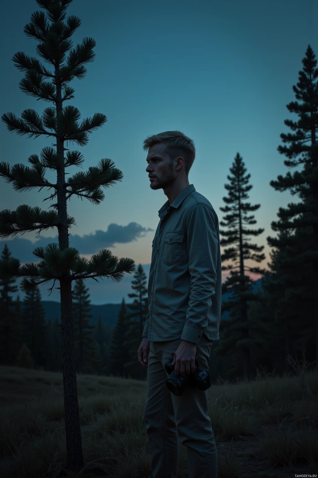 A man stands in a forested area at dusk, holding a camera.