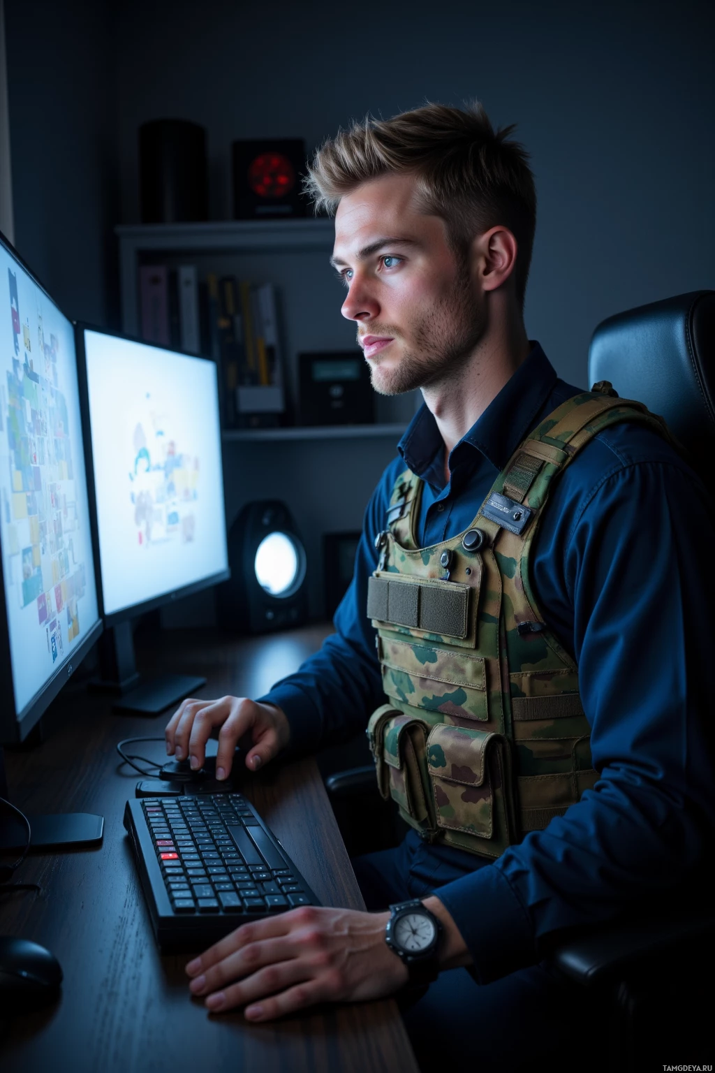 A man wearing a tactical vest works at a computer in a dimly lit room.