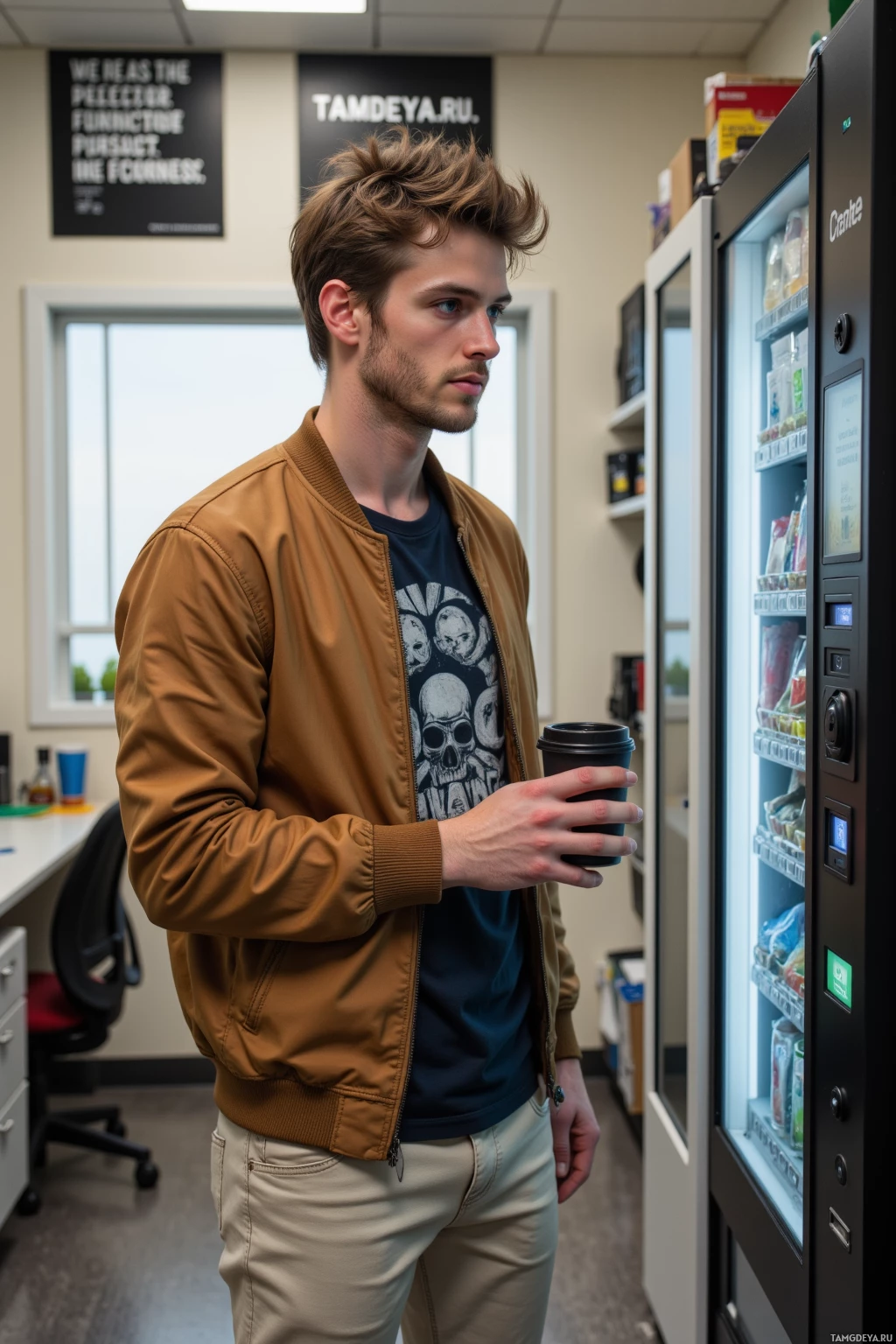 A person in a brown jacket stands near a vending machine holding a cup.