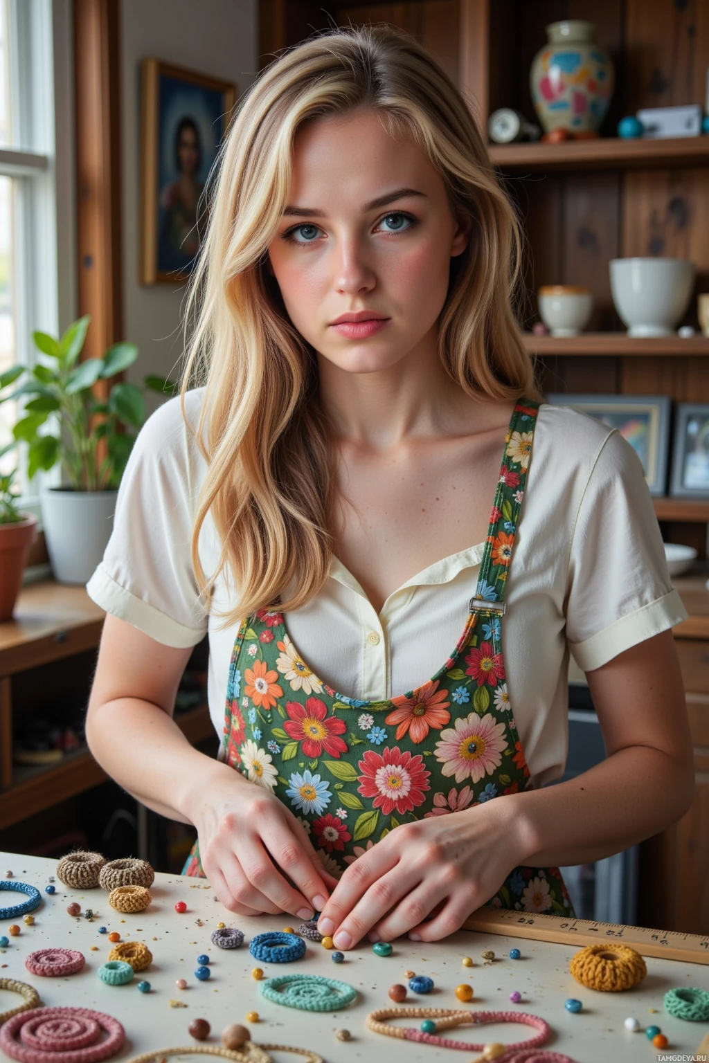 A person wearing a floral apron is working with colorful beads and crocheted items on a table.