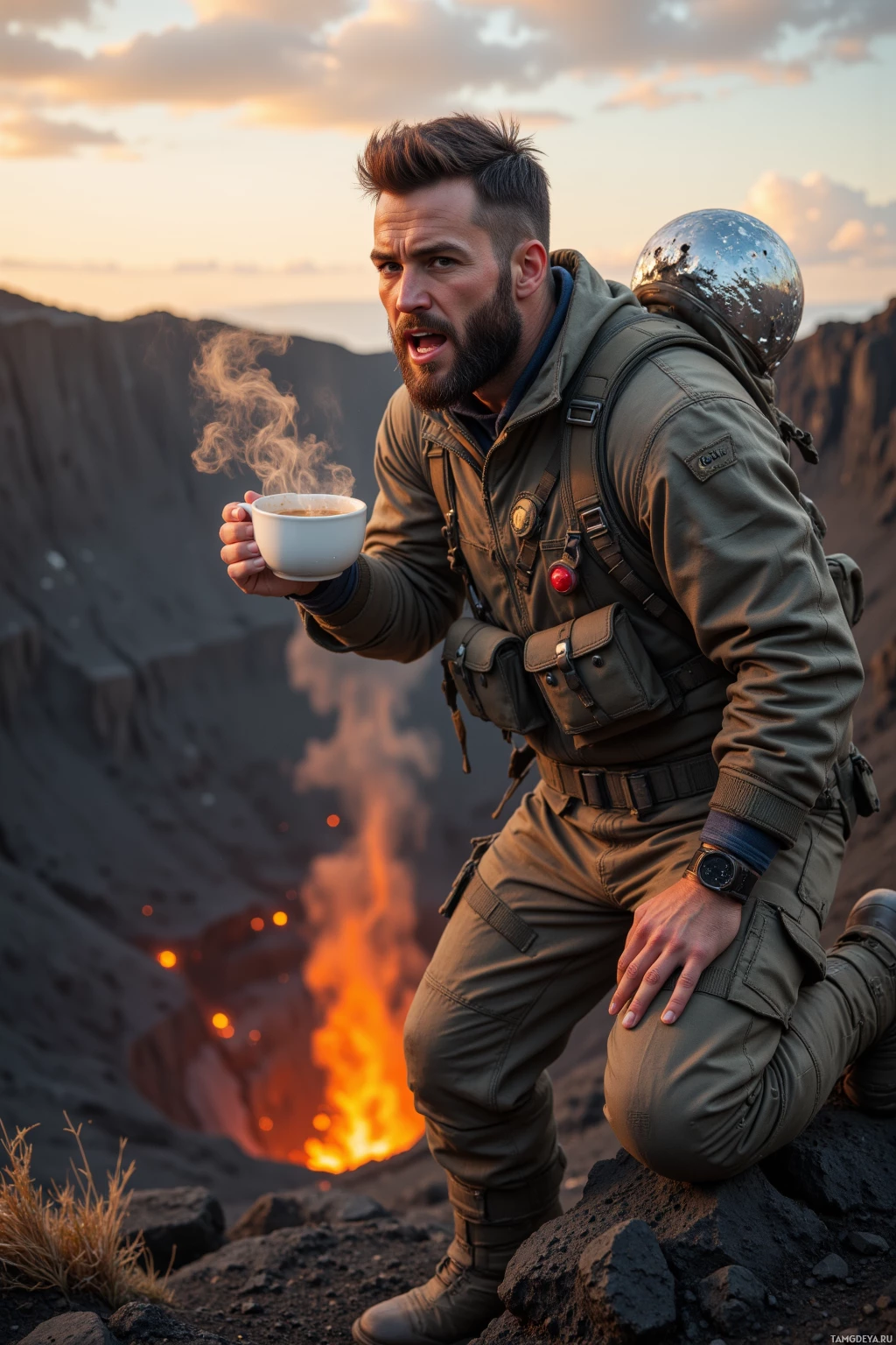 A man in tactical gear holds a steaming cup near a volcanic crater.