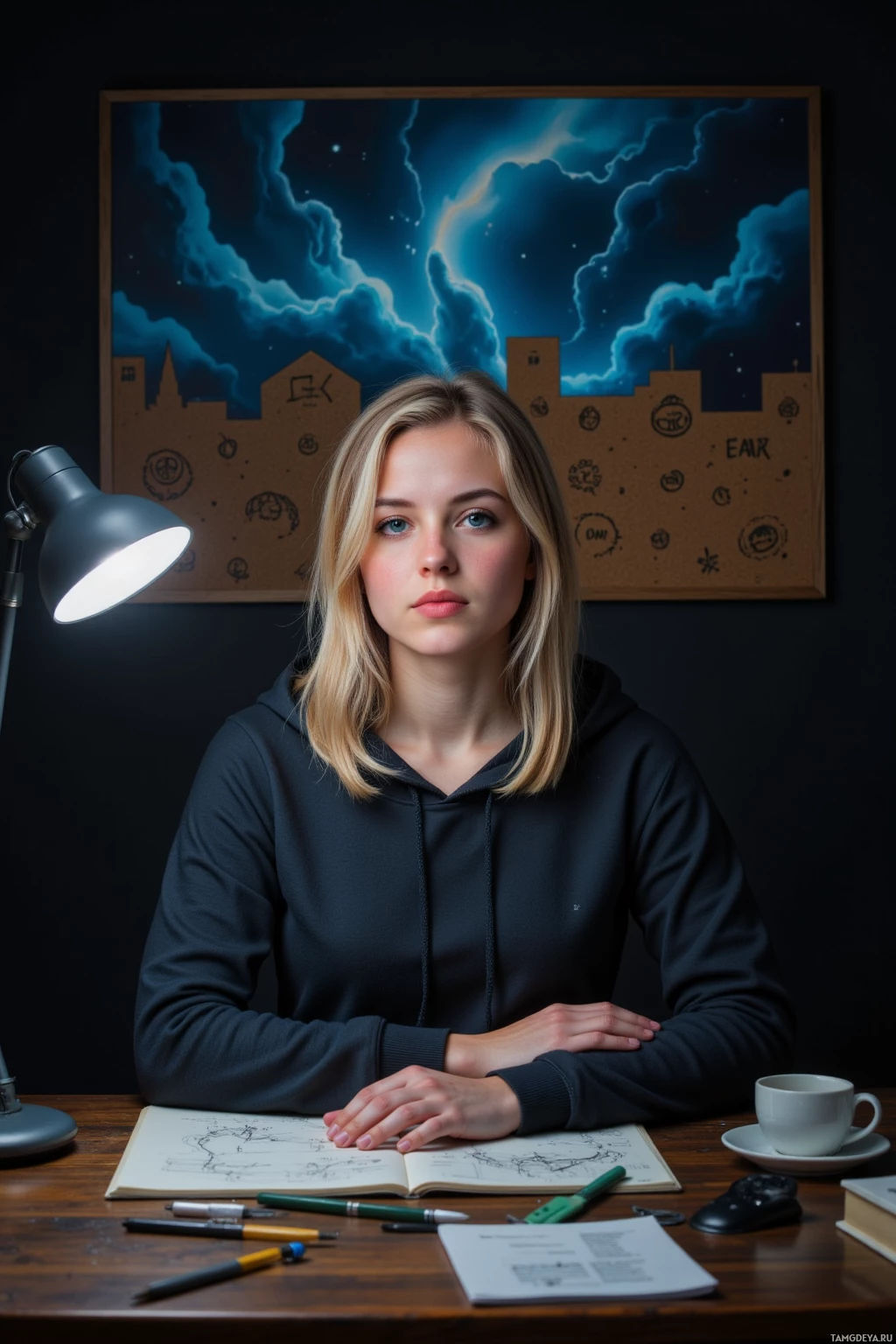 A person sits at a desk with a lamp, notebook, and coffee, in front of a wall with a night sky and cityscape artwork.