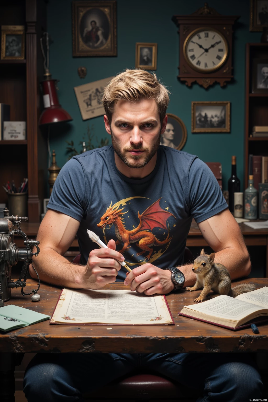 A man sits at a desk with a dragon-themed shirt, holding a quill, and a squirrel beside him.