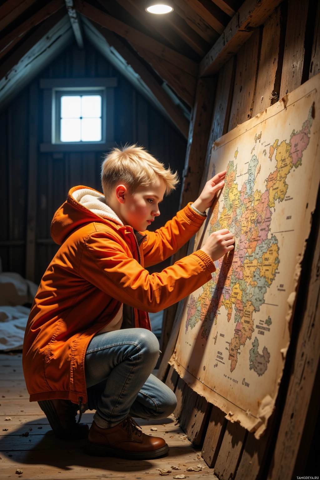 A young boy in an orange jacket examines a map in a rustic room.