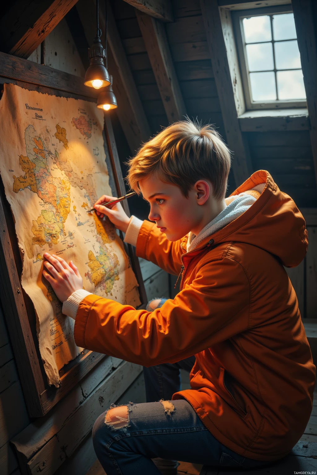 A young person in an orange jacket is examining and pointing at a large map on a wooden wall.