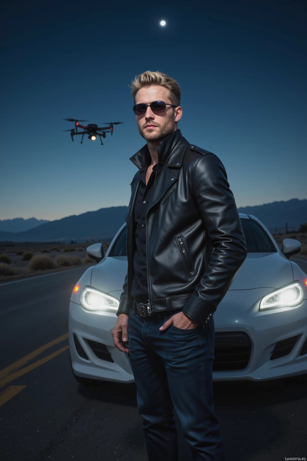 A man in a leather jacket stands beside a white car with a drone flying above.
