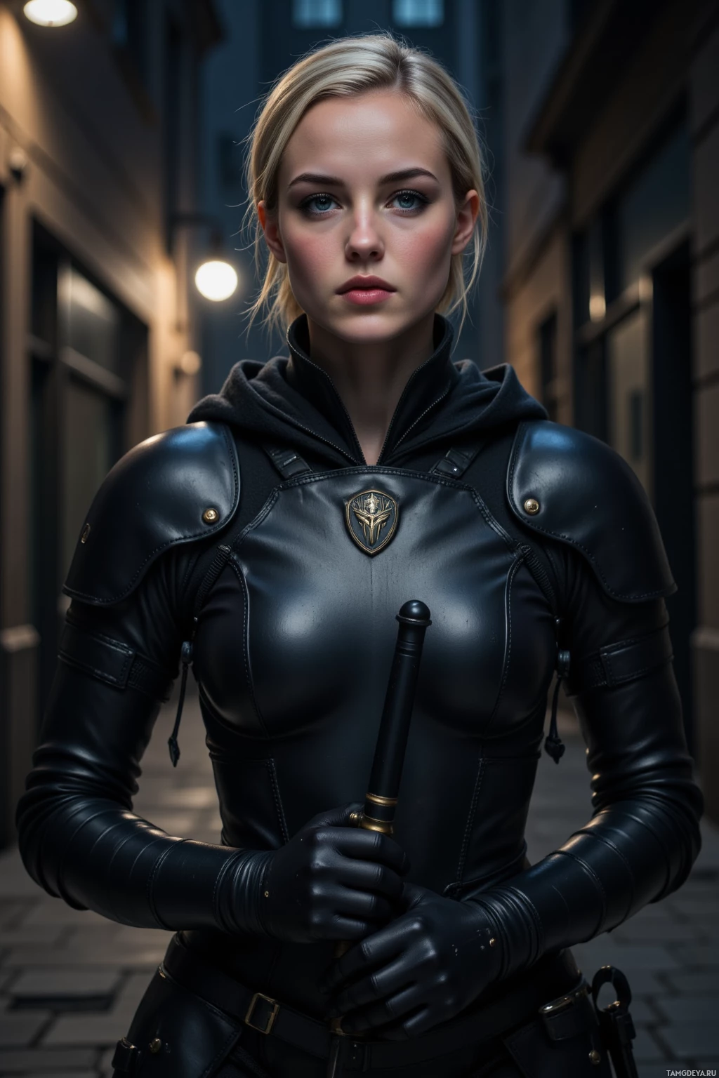 A woman in a black leather outfit stands in a dimly lit alleyway, holding a staff.
