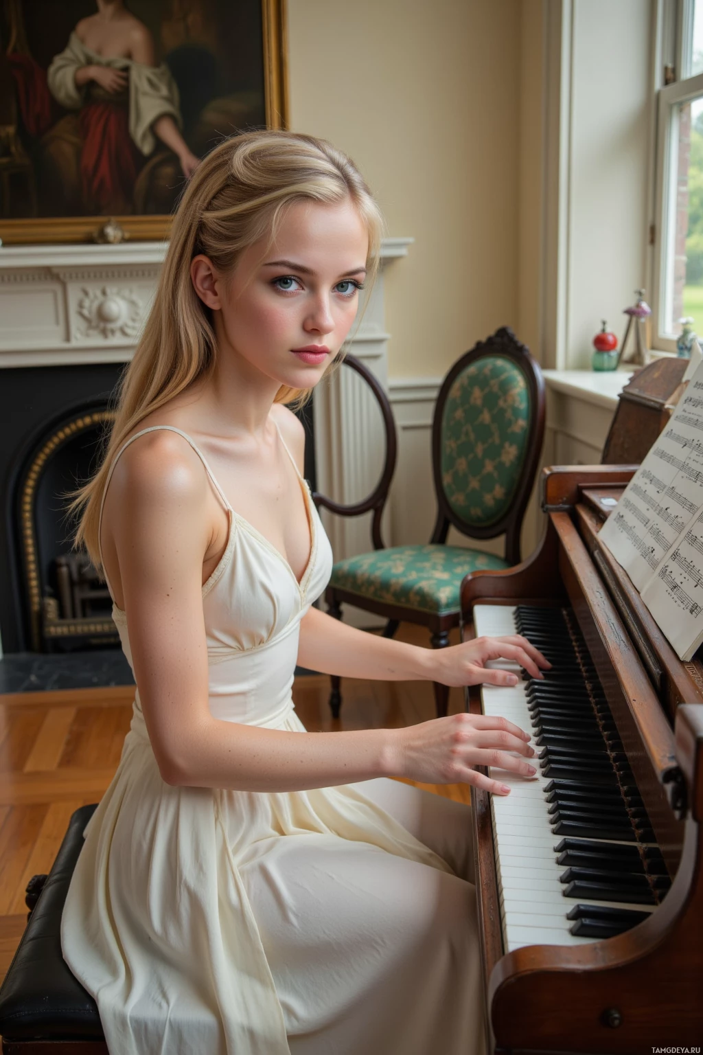 A woman in a white dress sits at a piano in a room with a painting and a window.
