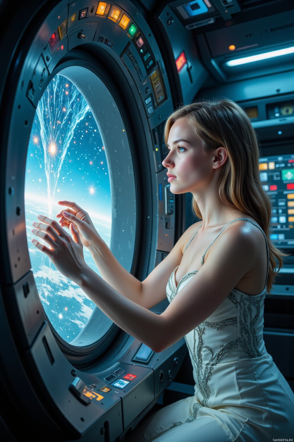 A woman in a white dress sits inside a futuristic spacecraft, gazing out the window at a starry space scene.