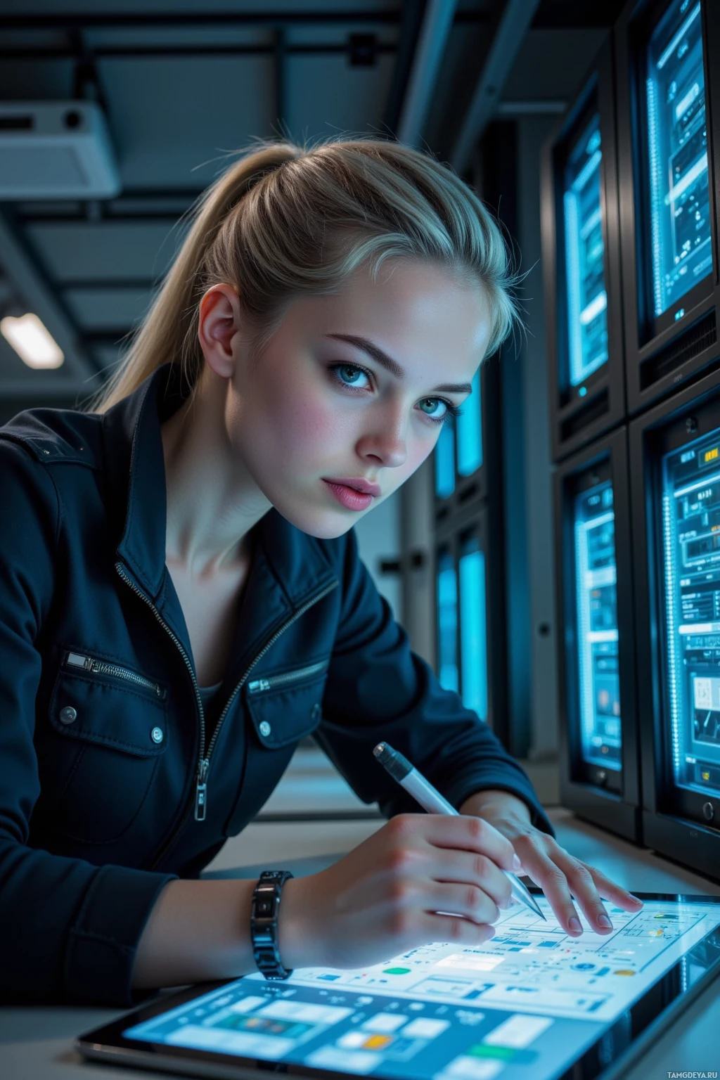 A person in a dark jacket leans forward, interacting with a futuristic tablet in a high-tech environment.