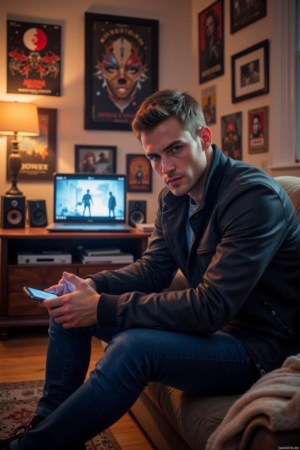 A man sits on a couch in a cozy room, holding a phone, with movie posters and a laptop in the background.