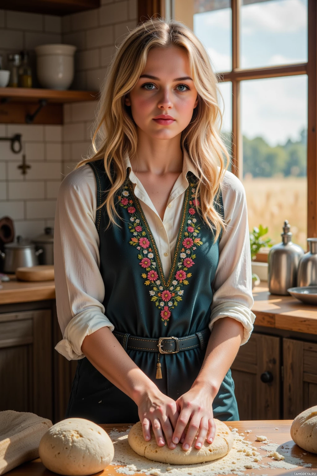 A woman kneading dough in a rustic kitchen.